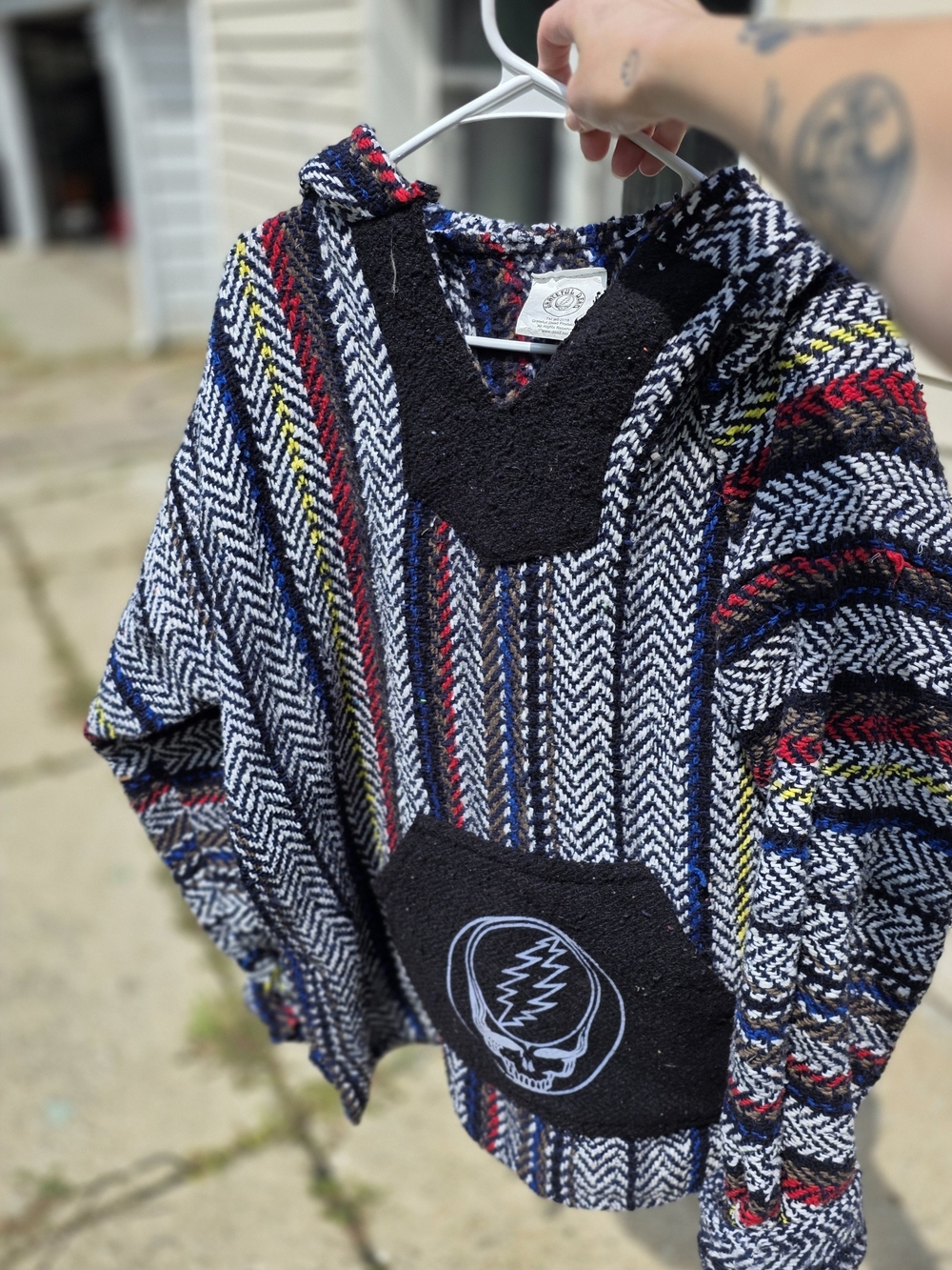 Grateful Dead Black Baja-Style Sweater with Red, Blue & Yellow Stripes